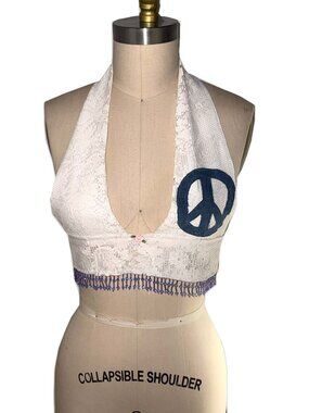vintage lace curtain upcycled halter top ♡